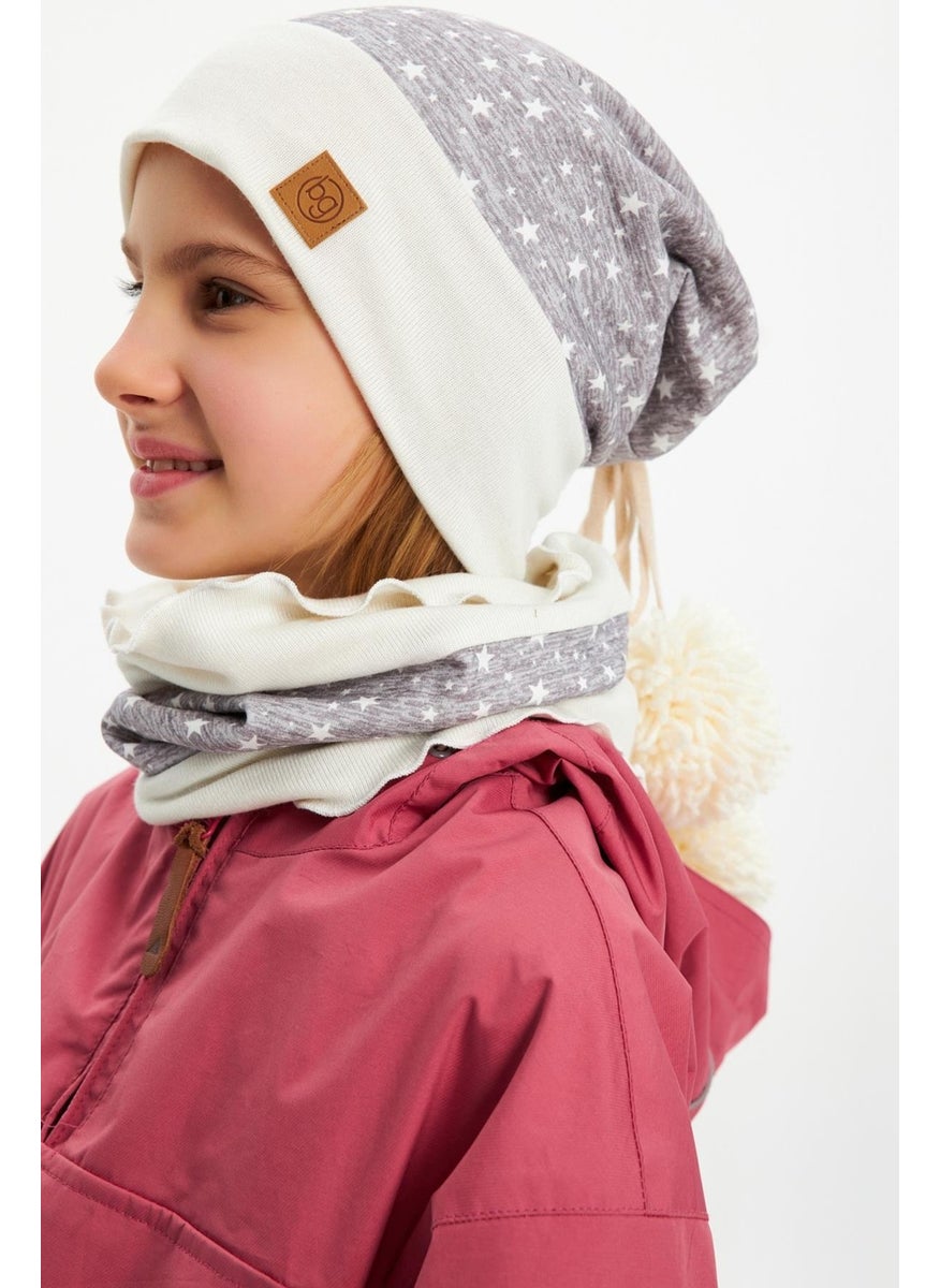 Babygiz Gray Baby Girl Kid Pompom Beanie Neck Collar Set Soft Double Layer 100% Natural Cotton  - Image 1