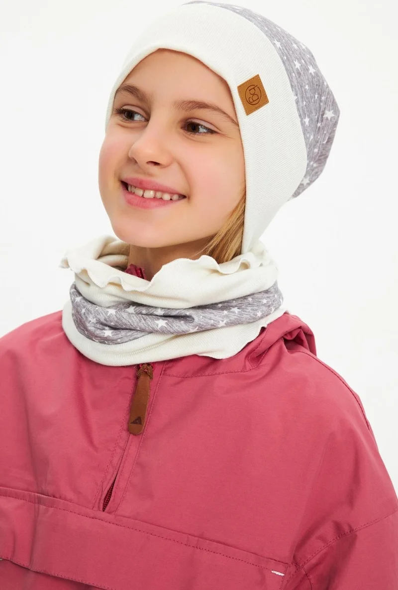 Babygiz Gray Baby Girl Kid Pompom Beanie Neck Collar Set Soft Double Layer 100% Natural Cotton