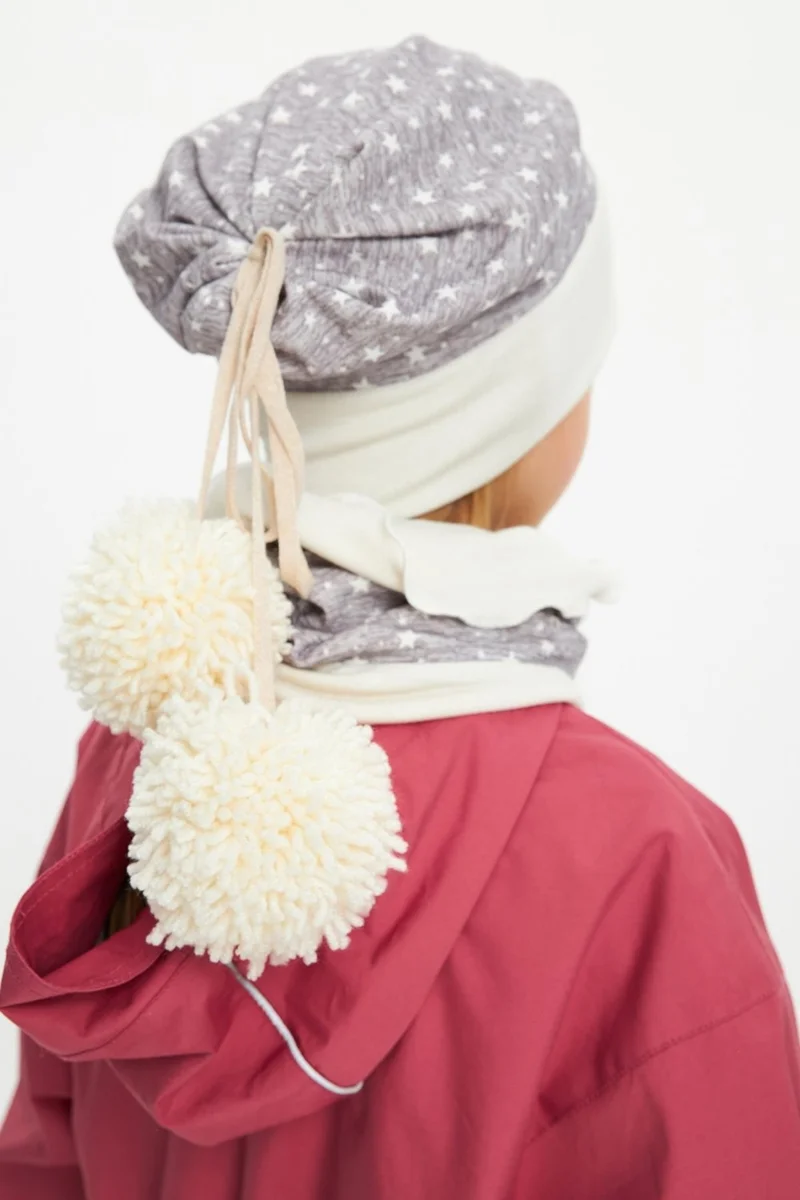 Babygiz Gray Baby Girl Kid Pompom Beanie Neck Collar Set Soft Double Layer 100% Natural Cotton
