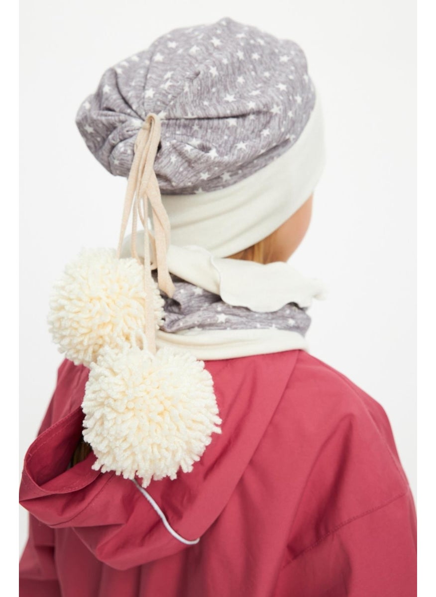 Babygiz Gray Baby Girl Kid Pompom Beanie Neck Collar Set Soft Double Layer 100% Natural Cotton  - Image 4