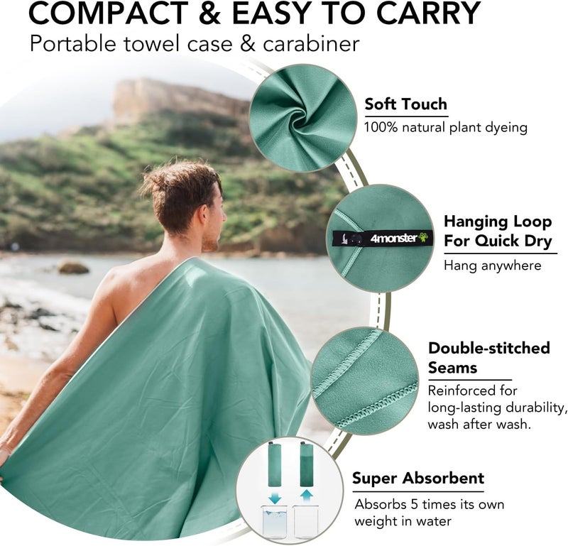 4Monster - Quick Dry Travel Towel with Case and Carabiner, Super Absorbent Microfiber Towel for Gym and Camping, Compact, Lightweight, Beach Towel for Swimming, Hiking, Backpacking - Image 3