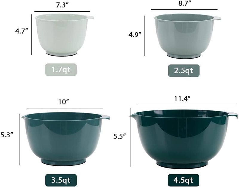 BoxedHome Green Ombre Nesting Plastic Mixing Bowl Set With Pour Spout, Microwave and Dishwasher Safe, BPA free Non-Slip Base, Set of 4 Size 1.7, 2.5, 3.5 and 4.5qt, Great for Prepping, Baking, Cooking - Image 2