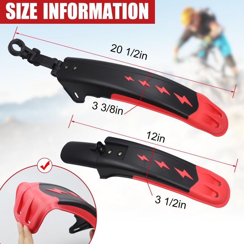 MAKELEN Bike Fender Set Mudguard Set Front and Rear 2 Parts-Universal Full Cover Thicken Widen Bicycle Adjustable Bike Fender Mud Guard Mudflap for MTB Road Bike Mountain Bike Black&Red - Image 2