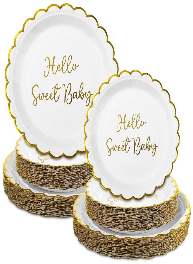 Newtay 100 Pcs Hello Sweet Baby Birthday Paper Plates Disposable Baby Shower Dessert Plates Shower Party Decorations Supplies for Boy Girl Birthday Party Serves 50 Guests - Image 1