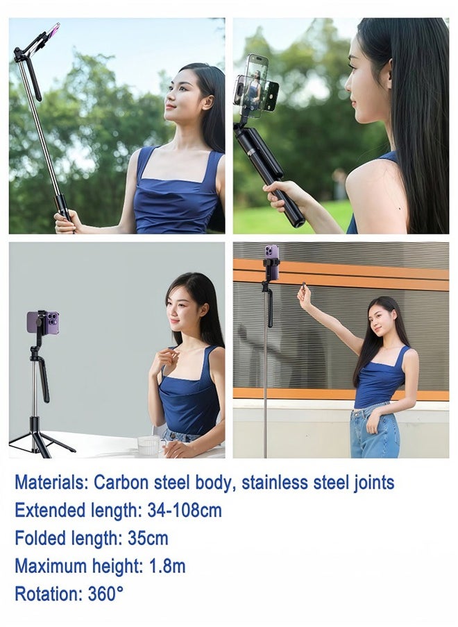 180cm Extendable Selfie Stick Tripod with Bluetooth Remote - 360° Rotatable Phone Stand for iPhone/Android, Portable Travel Tripod for Video Recording, Live Stream & Vlog (Black)