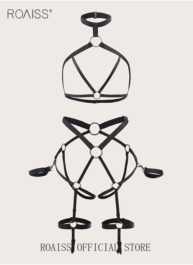 roaiss - Ladies Ring Linked Harness Lingerie Set Bodysuit with Garter Belt for Women - Image 1