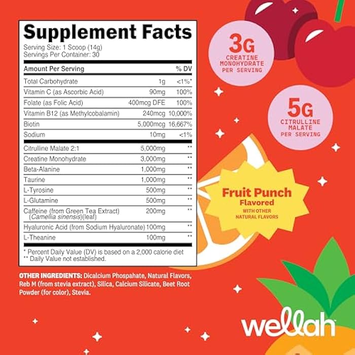 Wellah Pre-Workout + Creatine Powder (30 Servings) Fruit Punch - 200mg Caffeine, 3g Creatine Monohydrate, 5g Citrulline Malate, Pre-Workout with Creatine Supplement - Image 2