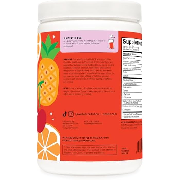 Wellah Pre-Workout + Creatine Powder (30 Servings) Fruit Punch - 200mg Caffeine, 3g Creatine Monohydrate, 5g Citrulline Malate, Pre-Workout with Creatine Supplement - Image 3