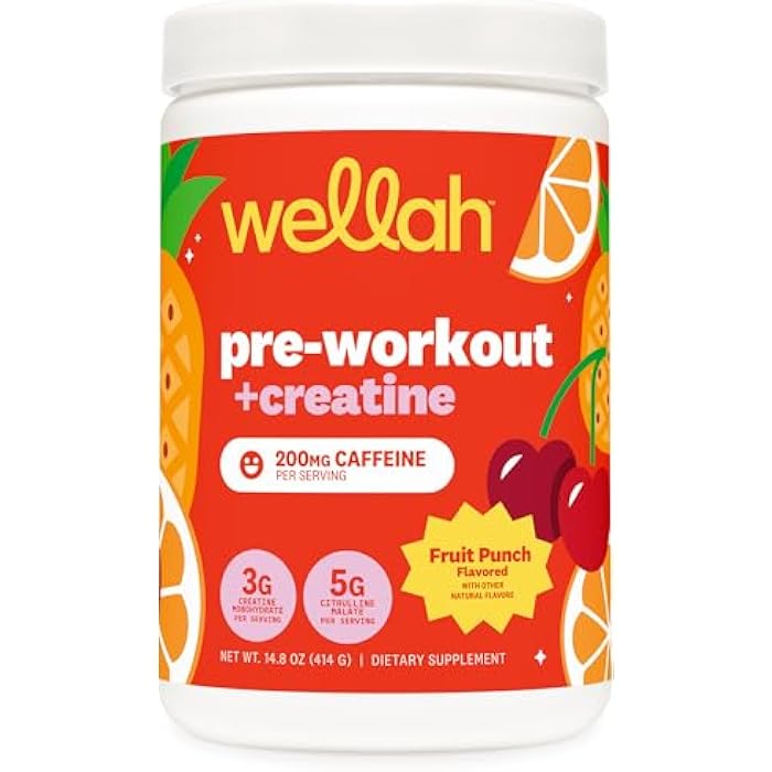 Wellah Pre-Workout + Creatine Powder (30 Servings) Fruit Punch - 200mg Caffeine, 3g Creatine Monohydrate, 5g Citrulline Malate, Pre-Workout with Creatine Supplement - Image 1