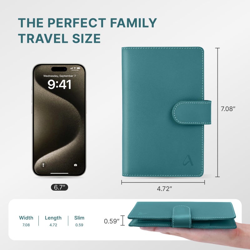 ALLIVE Family Passport Holder for Women & Men, RFID Blocking Passport Wallet with AirTag Slot, Genuine Leather Passport Cover Family Travel Gift & Airport Essentials (Lake Blue) - Image 2