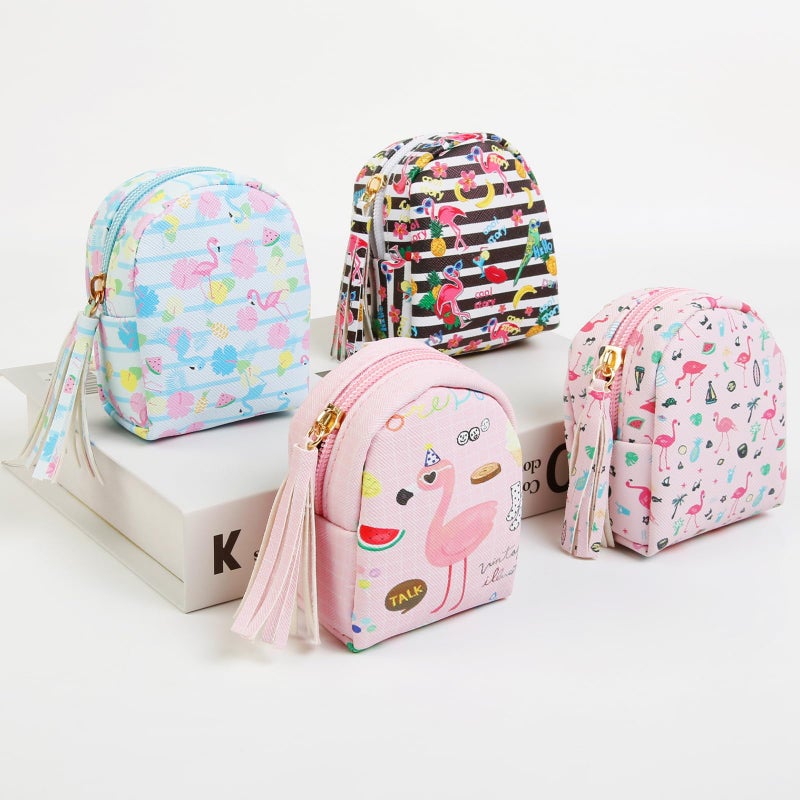 AIBFRID 4Pcs Mini Backpack Keychain,Cute Cosmetic Bag for Women,PU Leather Makeup Bag Key Pocket Lipstick Bag Card Holder Data Cable Organizer Zipper Pouch (Flamingo gifts) - Image 4