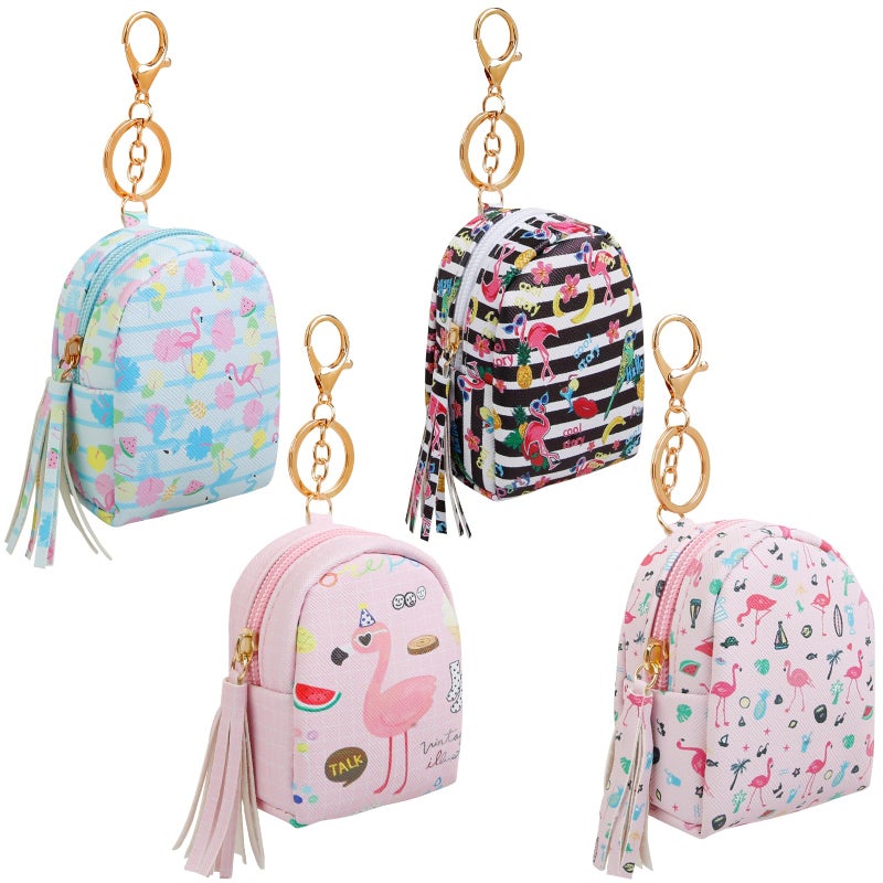 AIBFRID 4Pcs Mini Backpack Keychain,Cute Cosmetic Bag for Women,PU Leather Makeup Bag Key Pocket Lipstick Bag Card Holder Data Cable Organizer Zipper Pouch (Flamingo gifts) - Image 1