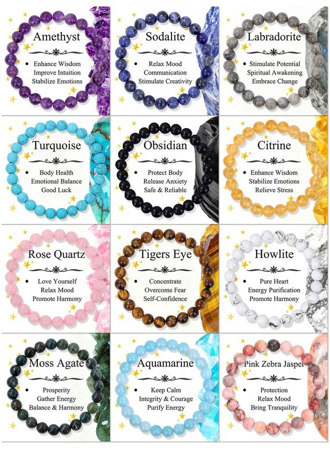 WAINIS 12PCS 8mm Natural Crystal Bracelets for Women Men Semi-Precious Gemstone Beaded Bracelets, Medium, Stone, no gemstone - Image 1