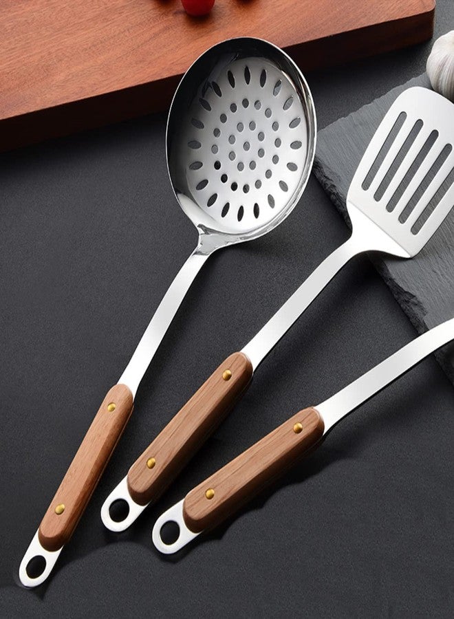 Mockery Skimmer Slotted Spoon 304 Stainless Steel Slotted Spoon with Wooden Handle, Comfortable Design Strainer Skimmer for Cooking and Frying, Kitchen Utensils, 13 inch - Image 2