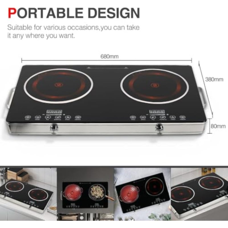 Dual Burner, Infrared Cooker, Electric Cooktop, Sensor Touch and Knob Control, 4 Hours Timer, Temperature Control, 8-Inch Glass Dual Counter Electric Cooktop, Compatible with All Kitchenware - Image 2