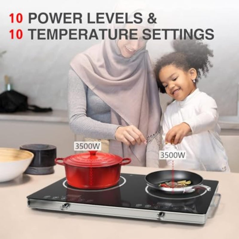 Dual Burner, Infrared Cooker, Electric Cooktop, Sensor Touch and Knob Control, 4 Hours Timer, Temperature Control, 8-Inch Glass Dual Counter Electric Cooktop, Compatible with All Kitchenware - Image 5