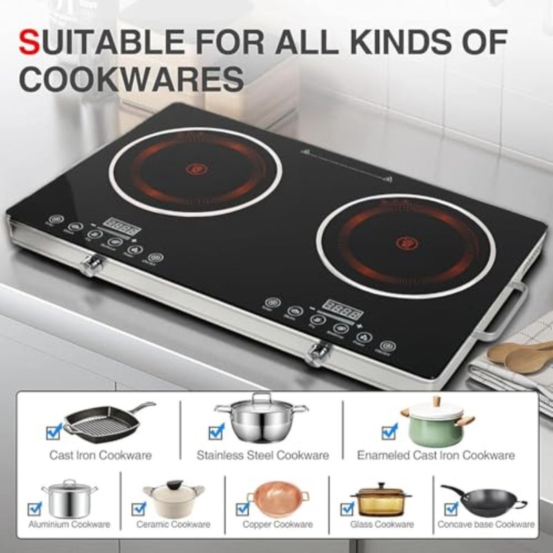 Dual Burner, Infrared Cooker, Electric Cooktop, Sensor Touch and Knob Control, 4 Hours Timer, Temperature Control, 8-Inch Glass Dual Counter Electric Cooktop, Compatible with All Kitchenware - Image 3