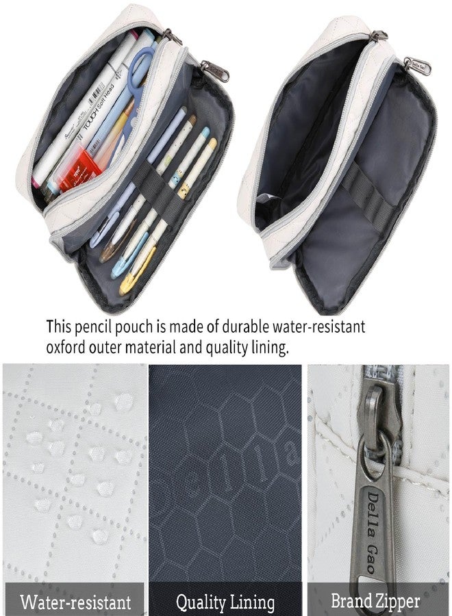 Della Gao Pencil Case Large Capacity Pencil Pouch Soft Quilted Pen Bag Office Stationery Organizer Sturdy Pencil Bag for Men Women - Beige - Image 4