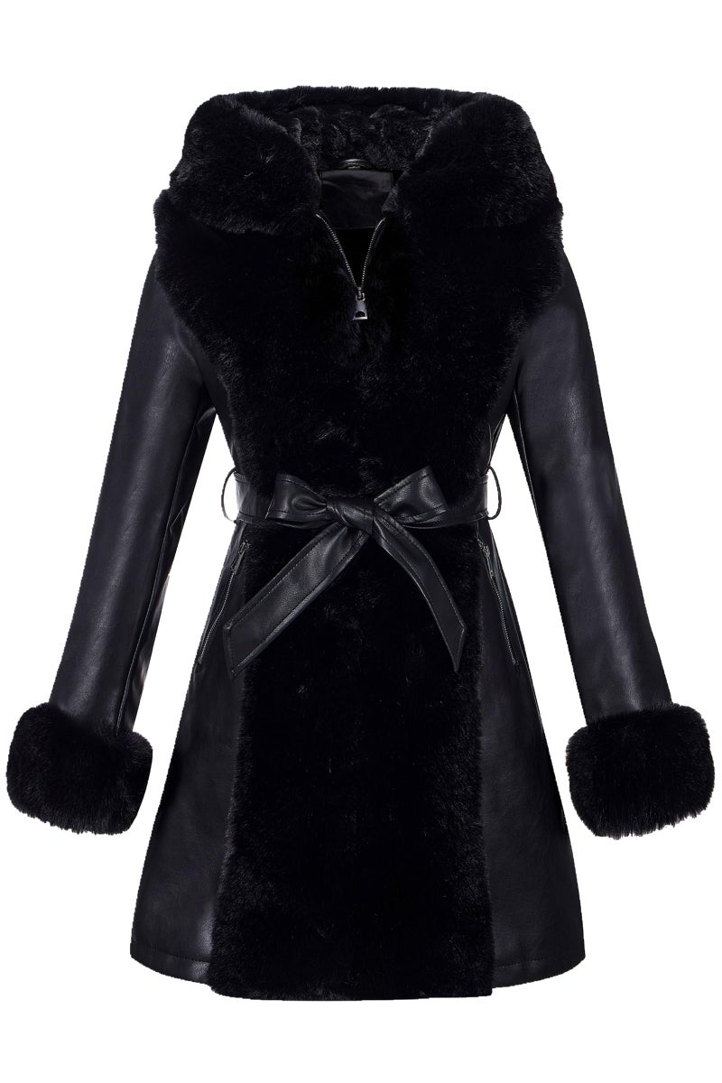 RISISSIDA Luxurious Fur Lined Faux Leather Jacket Women Winter Coat Hood Long Fur Collar Cuffs Zipper Up Pockets,Thick Warm Heavy Overcoat Belted Black XXL - Image 1