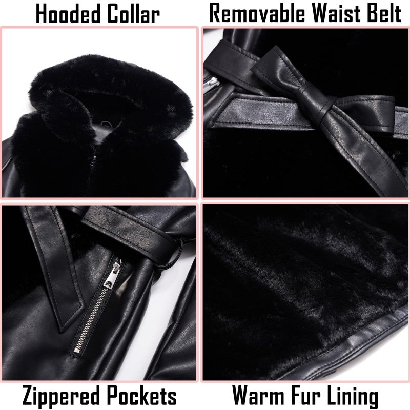 RISISSIDA Luxurious Fur Lined Faux Leather Jacket Women Winter Coat Hood Long Fur Collar Cuffs Zipper Up Pockets,Thick Warm Heavy Overcoat Belted Black XXL - Image 5