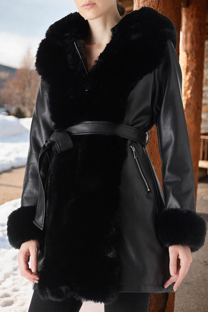 RISISSIDA Luxurious Fur Lined Faux Leather Jacket Women Winter Coat Hood Long Fur Collar Cuffs Zipper Up Pockets,Thick Warm Heavy Overcoat Belted Black XXL - Image 2