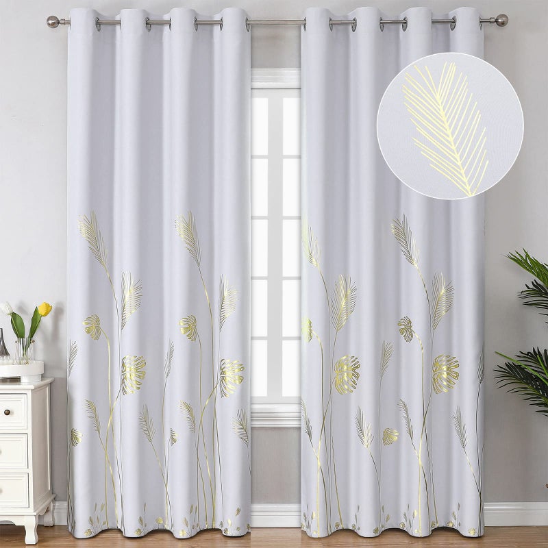 Estelar Textiler Greyish White Thermal Insulted Curtains 96 Inches Long Room Darkening Light Filtering Window Curtains with Gold Palm Leaf and Wheat Pattern for Bedroom 52Wx96L 2 Drapes