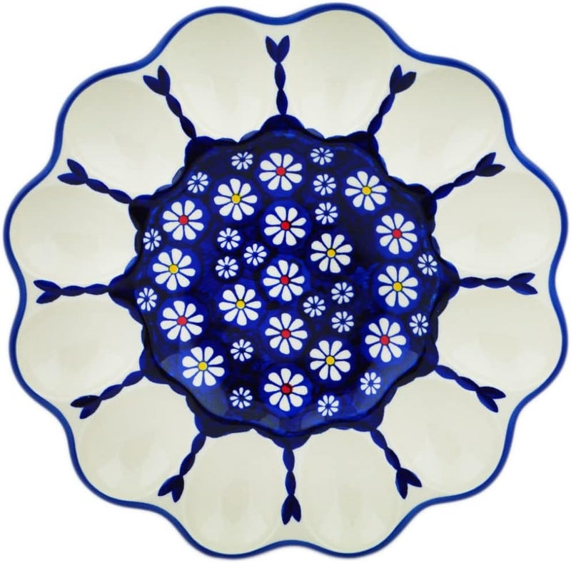 Polmedia Polish Pottery Authentic Polish Pottery 9inch Egg Plate Daisy Jazz Theme Signature UNIKAT  Certificate of Authenticity - Image 2