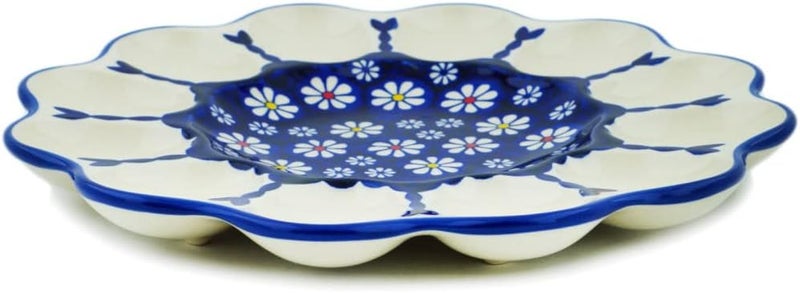 Polmedia Polish Pottery Authentic Polish Pottery 9inch Egg Plate Daisy Jazz Theme Signature UNIKAT  Certificate of Authenticity - Image 1