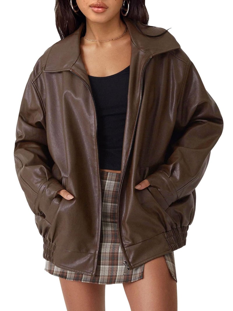 AUTOMET Women's Oversized Faux Leather Jacket - Fall Motorcycle Style Coat with Zipper Closure Brown L - Image 1
