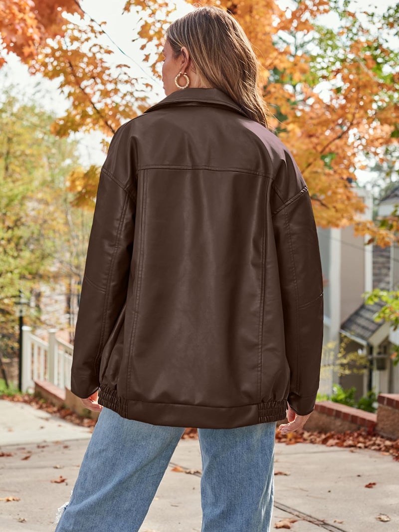 AUTOMET Women's Oversized Faux Leather Jacket - Fall Motorcycle Style Coat with Zipper Closure Brown L - Image 4