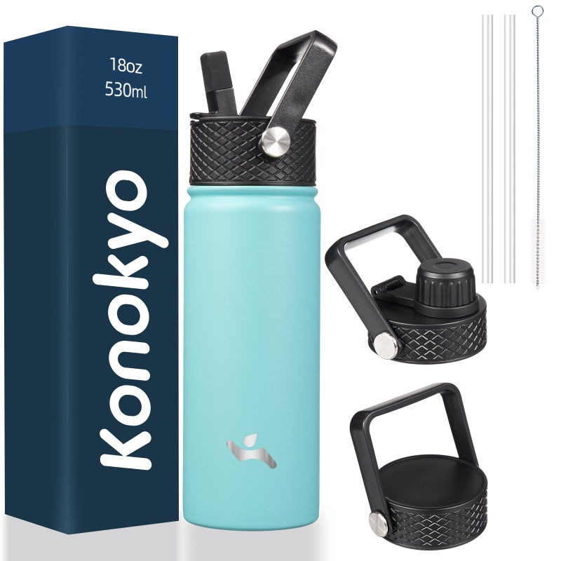 Konokyo Insulated Water Bottle with Straw18oz 3 Lids Metal Bottles Stainless Steel Water FlaskTurquoise