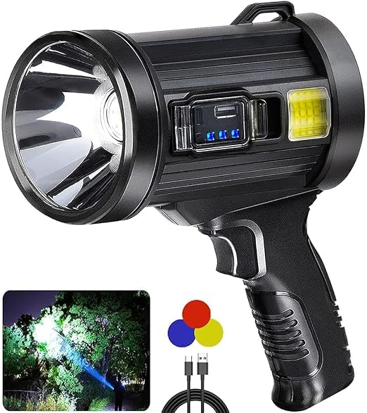 Rechargeable Spotlight Flashlights High Lumens 90000 Lumens Led Spotlight with 3 Main Modes and 4 Colors Filter Spot Light Outdoor Handheld Included USB Cable for Fishing Camping Hunting Spotlight  - Image 1