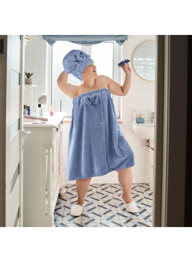 مجموعة واحدة من مناشف لفافة مقاس كبير للنساء مع منشفة شعر للاستحمام ولف فستان ورداء استحمام (أزرق) - Image 4