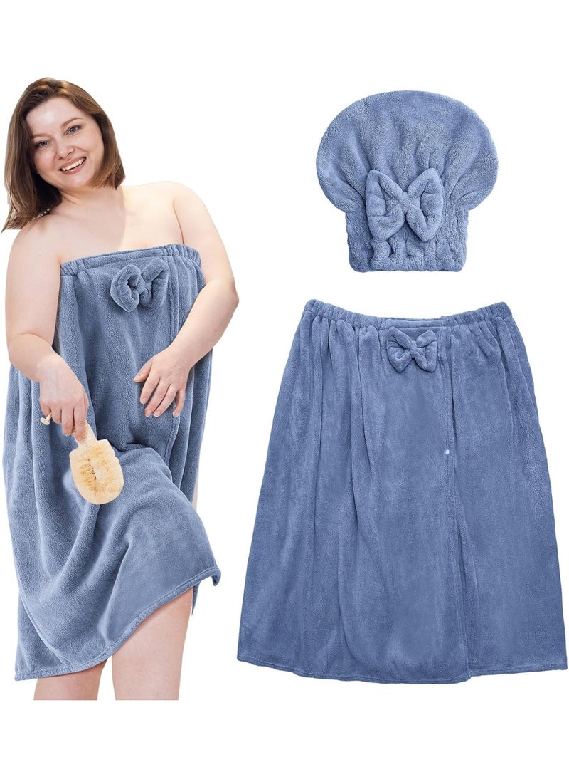 مجموعة واحدة من مناشف لفافة مقاس كبير للنساء مع منشفة شعر للاستحمام ولف فستان ورداء استحمام (أزرق) - Image 1