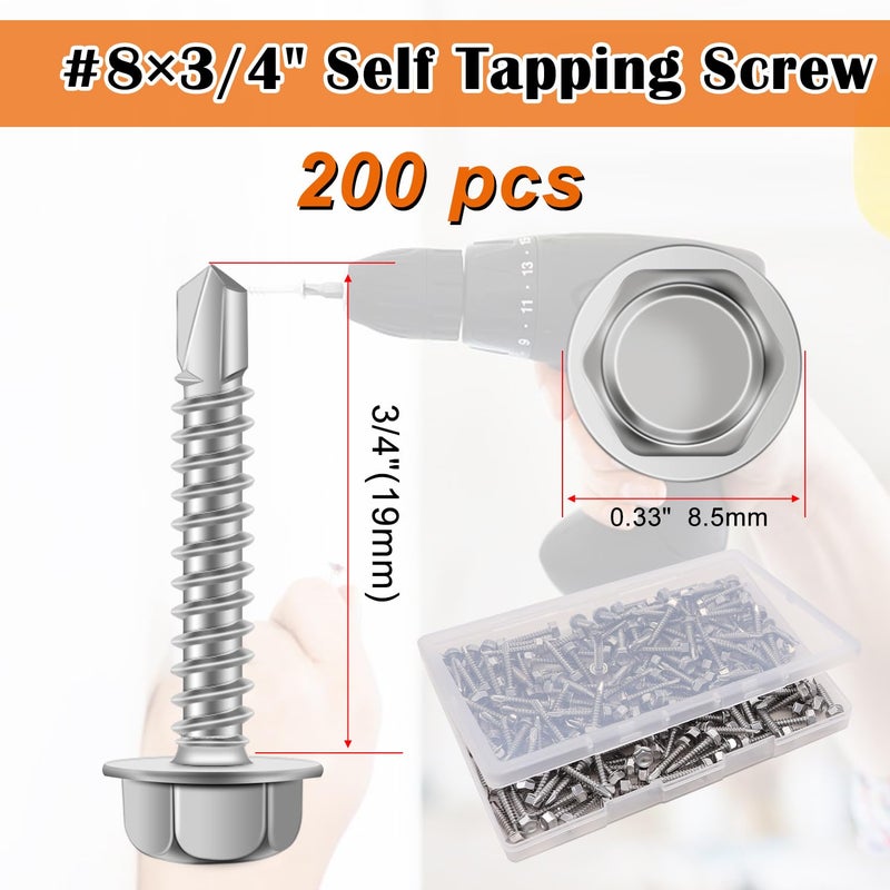 weideer 200pcs #8×3/4" Self Tapping Screws for Metal, 410 Stainless Steel Hex Washer Head Sheet Metal Screws,Quick Tapping Screw with Screwdriver Bit - Image 3