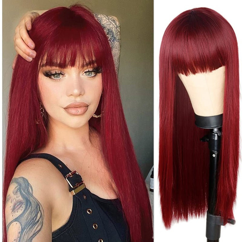 RightOn Red Wig Long Straight Wig with Bangs Wine Red Straight Wigs Full Machine Wigs for Daily Cosplay Party