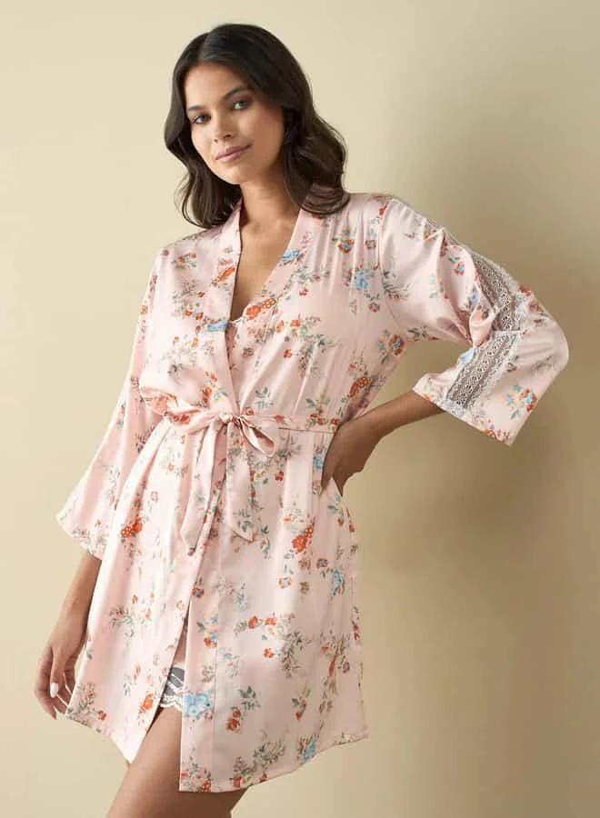 سبلاش فيڤ All-Over Floral Print Robe with Tie-Up Belt and Slip Dress
