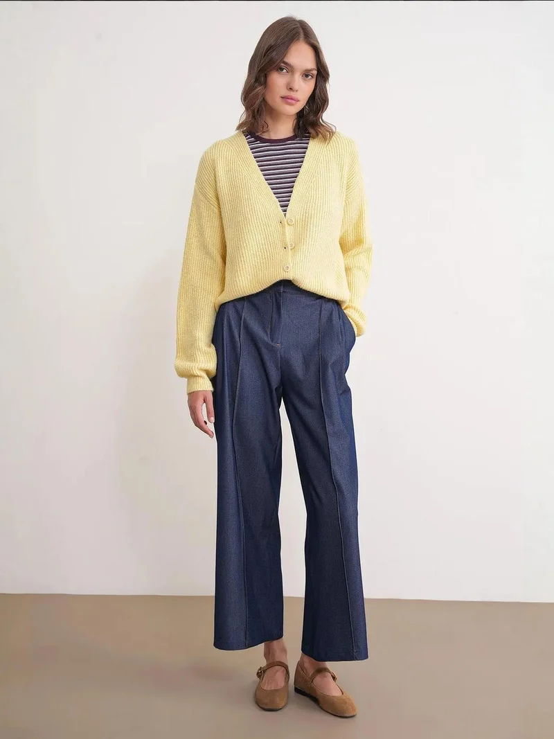 MixRay Lemon Yellow Mixray Textured V-Neck Button Cardigan for Women | Best Price UAE