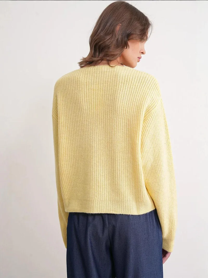 Mixray Lemon Yellow Mixray Textured V-Neck Button Cardigan for Women | Best Price UAE