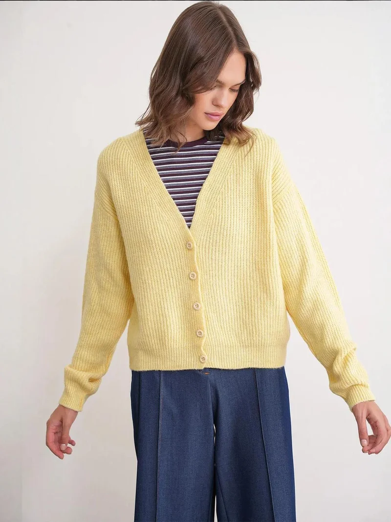 Mixray Lemon Yellow Mixray Textured V-Neck Button Cardigan for Women | Best Price UAE