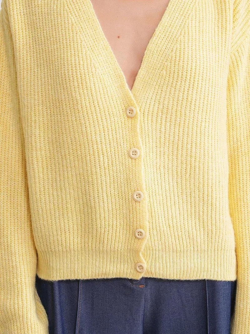 Mixray Lemon Yellow Mixray Textured V-Neck Button Cardigan for Women | Best Price UAE