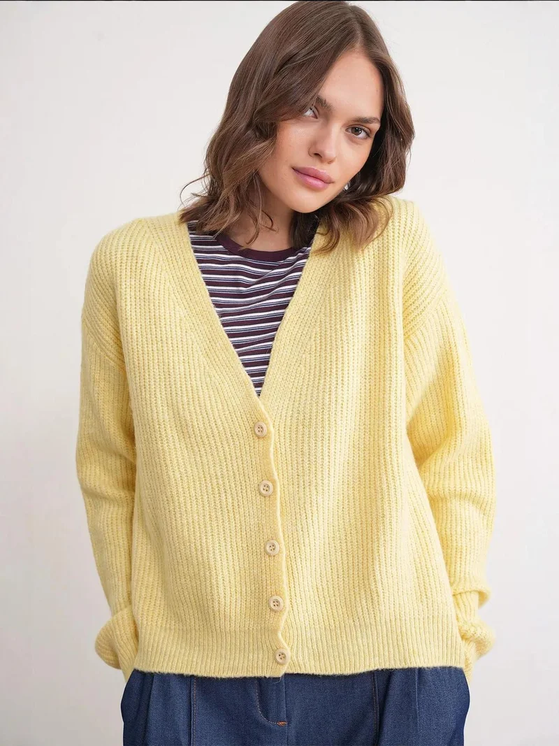 Mixray Lemon Yellow Mixray Textured V-Neck Button Cardigan for Women | Best Price UAE