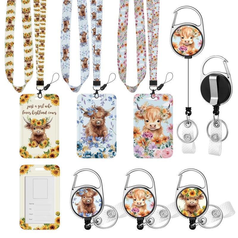 Janlaugh 3 Set Highland Cows Lanyards with ID Holder Cute Floral Cows Lover Graduation Gift Teacher ID Badge Holder with Breakaway Lanyard Highland Cow Badge Teacher Gift for Nurse Office - Image 1