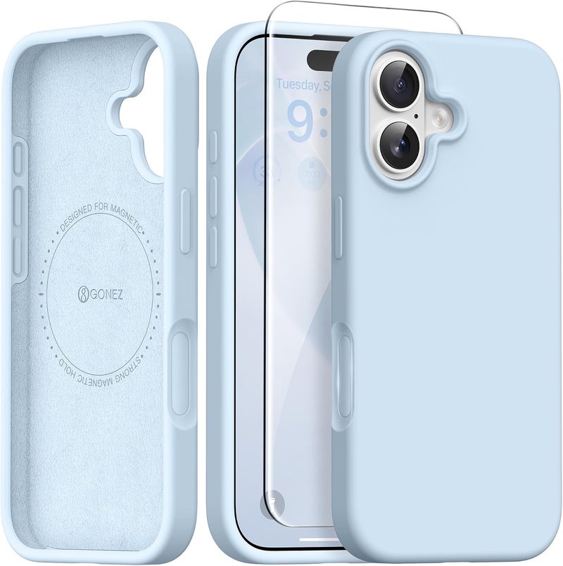 GONEZ Magnetic for iPhone 16 Case, Compatible with MagSafe, [Screen Protector + Camera Lens Protector], Liquid Silicone Shockproof Protective Phone Case for iPhone 16 6.1", Blue - Image 1