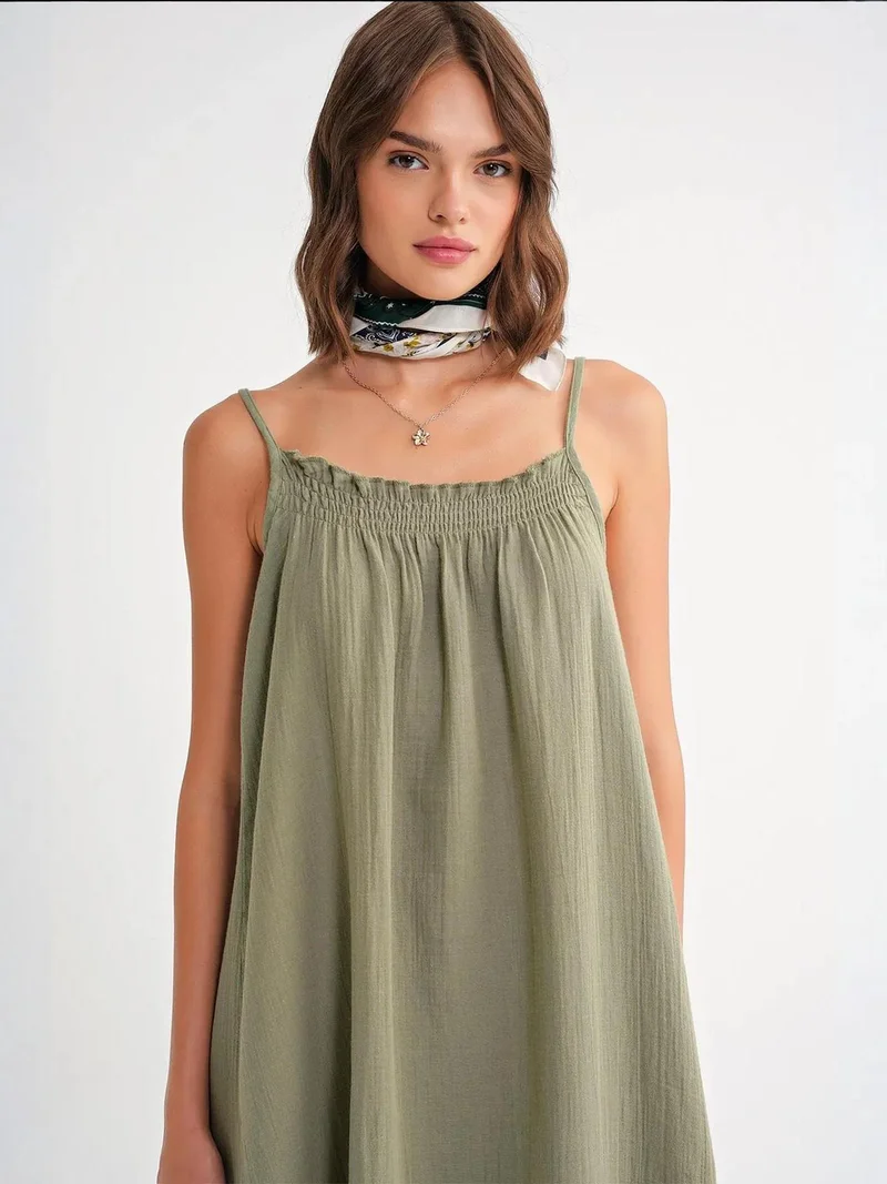 Mixray Sage Green Mixray Midi Muslin Dress with Ruffle Detail for Women | Best Price UAE