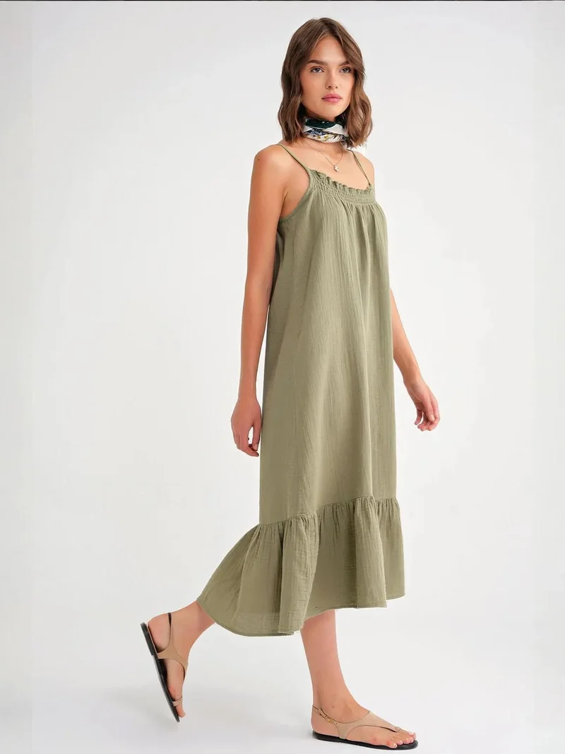 Mixray Sage Green Mixray Midi Muslin Dress with Ruffle Detail for Women | Best Price UAE