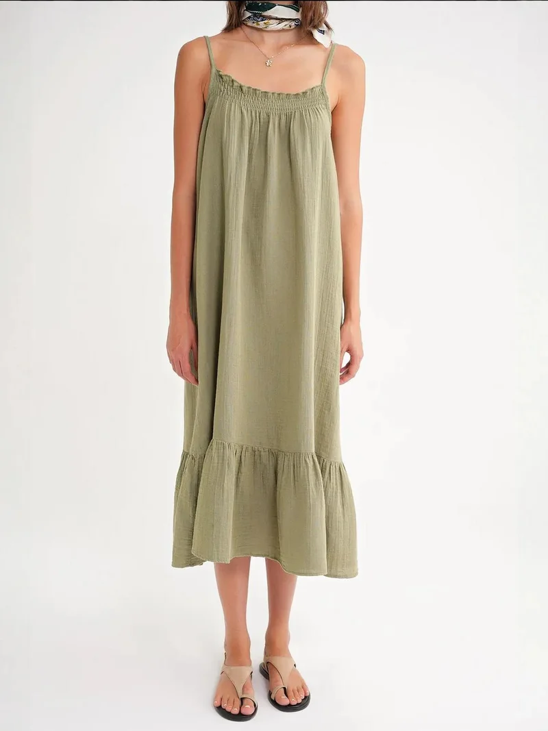 Mixray Sage Green Mixray Midi Muslin Dress with Ruffle Detail for Women | Best Price UAE