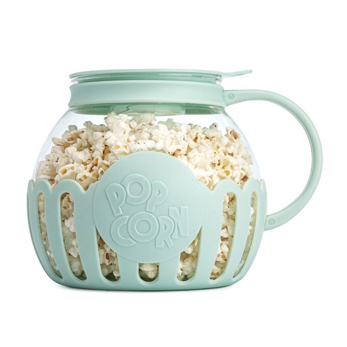 PATENTED MICROPOP MICROWAVE POPCORN POPPER WITH TEMPERATURE SAFE GLASS 3IN1 LID MEASURES KERNELS AND MELTS BUTTER MADE WITHOUT BPA DISHWASHER SAFE 3QUART AQUA