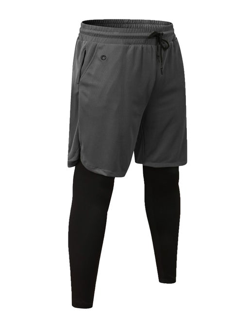 Men Quick Dry Breathable Elastic Running shorts with built-in leggings/compression pants Grey