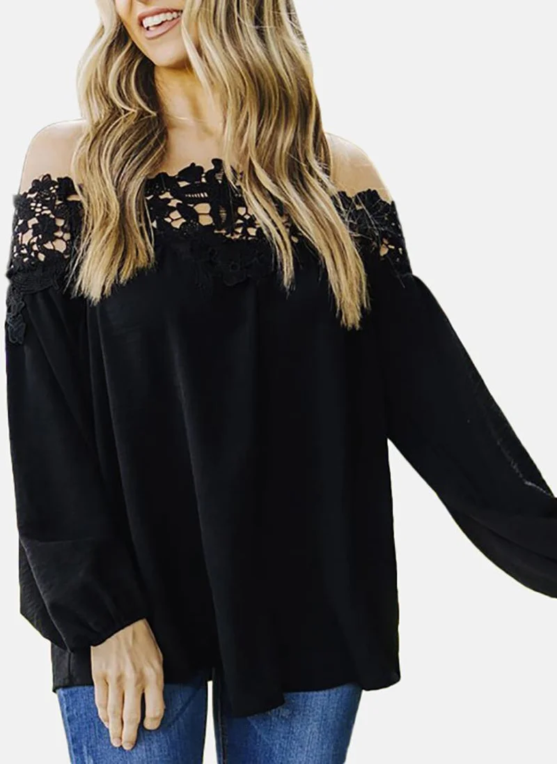 يونيكي Black Solid Long Sleeve Off-shoulder Tunics